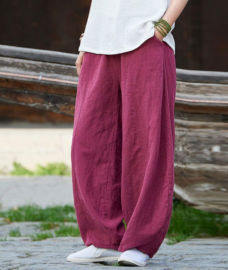 IXIMO Women's Casual Cotton Linen Baggy Pants with Elastic Waist Relax Fit Lantern Trousers Burgundy L - Image 2